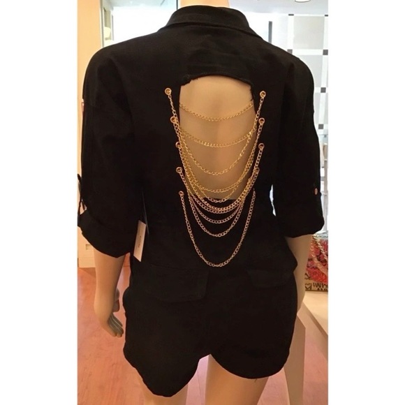 Denim Chained Gold Tone Belted Dress Romper Vintage Style Black NWT - Picture 2 of 15